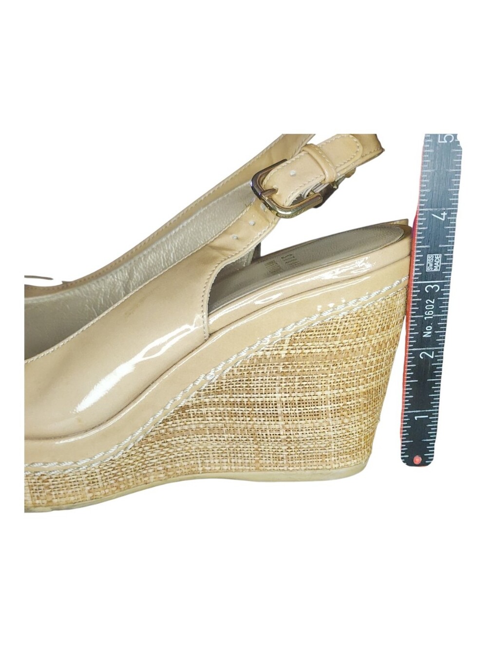 STUART WEITZMAN Beige Patent Leather Excise Wedge Sandals, Womens 5.5 - Picture 12 of 13